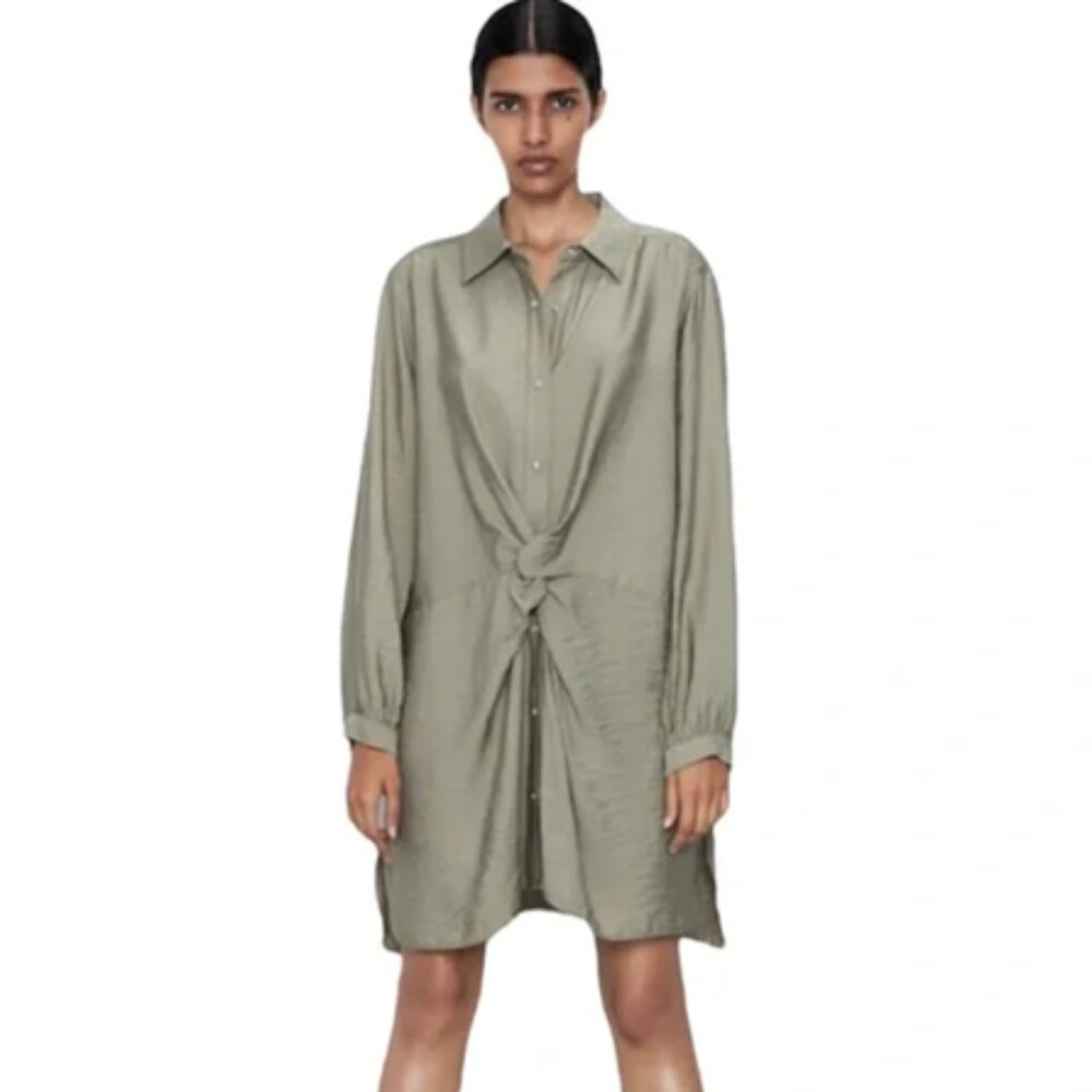 Zara Long Sleeve Peplum Button Snap Front Twist Knot Dress Tunic Knee Length L